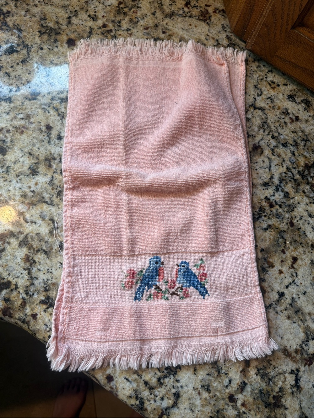 Vintage Hand Towels Crosstitch Blue Bird X2 Granny Cottagecore Pink